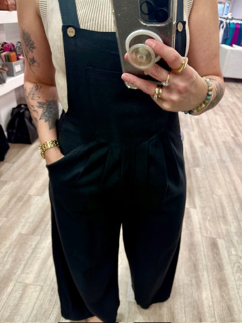 Linen Wide Leg Overalls in Black