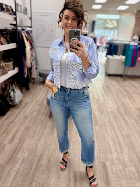 The Bluebell Lace Button-Up Shirt in Riviera
