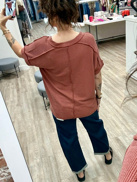 Cozy Classic V-neck Tee in Rust