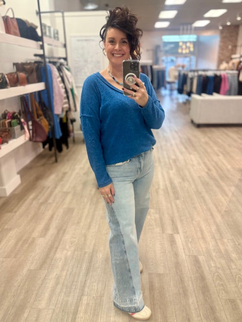 Ribbed Drop Shoulder Top in Light Navy